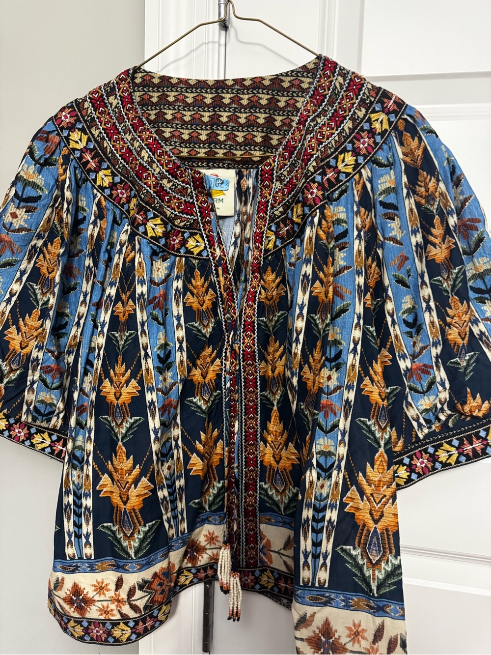 FARM Rio Navy and Gold Floral Embroidered Peasant Blouse